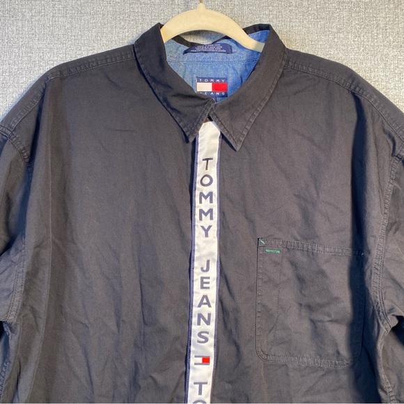Rare Vintage 90s Tommy Jeans Men’s XXL Tape Logo Full Zip Up Short Sleeve Shirt - Picture 3 of 7